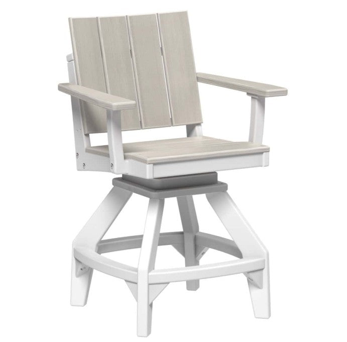A swivel outdoor barstool with a light gray wood-look slatted backrest and seat, white frame, and gray seat, shown on a plain white background.