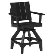 A black outdoor swivel barstool with a slatted backrest, armrests, and a four-star base on a plain white background.