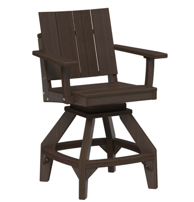 A dark brown outdoor swivel barstool with a slatted backrest, armrests shown against a plain white background.