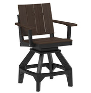 A dark brown and black outdoor swivel barstool with a slatted backrest and armrests, shown on a plain white background.