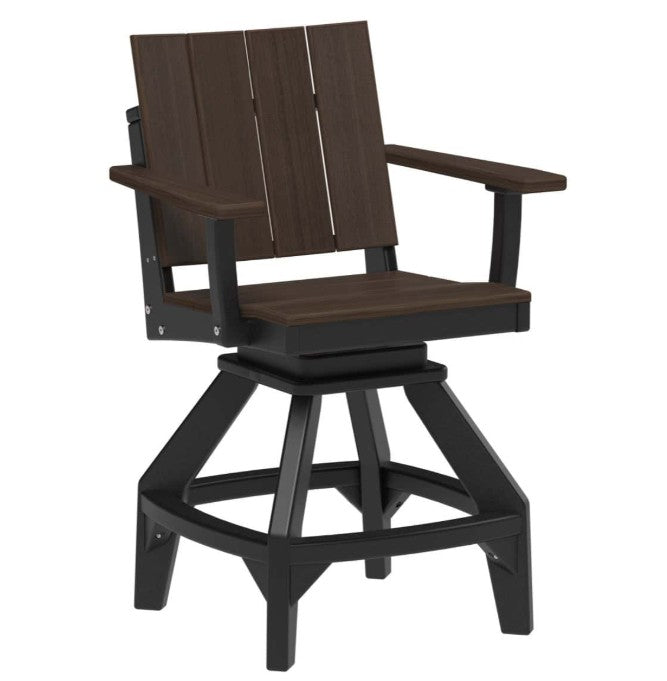 A dark brown and black outdoor swivel barstool with a slatted backrest and armrests, shown on a plain white background.