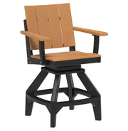 A swivel barstool with a black frame and light brown slatted seat and backrest, shown on a plain white background.
