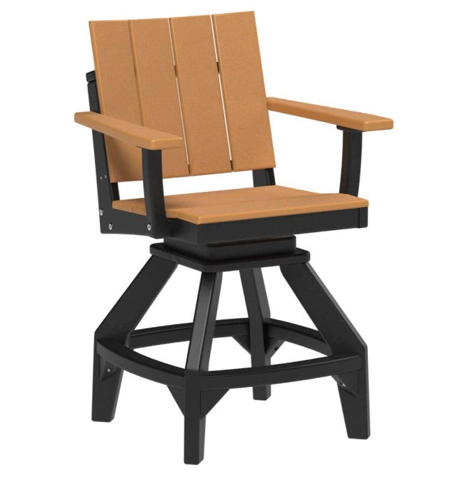 A swivel barstool with a black frame and light brown slatted seat and backrest, shown on a plain white background.