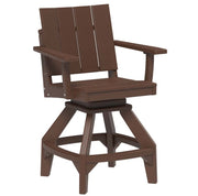 A dark brown outdoor swivel barstool with a slatted backrest, armrests, and a four-star base on a solid white background.
