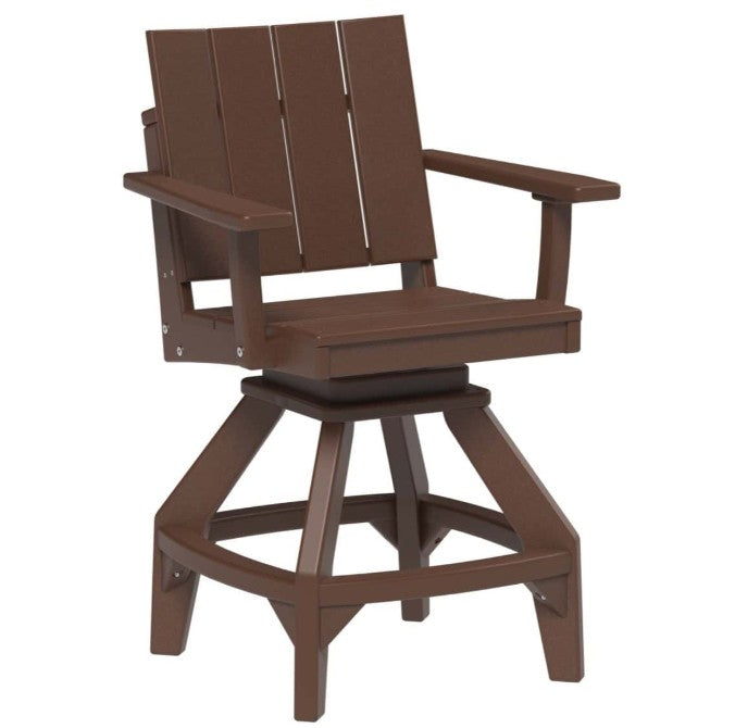 A dark brown outdoor swivel barstool with a slatted backrest, armrests, and a four-star base on a solid white background.