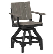 A swivel bar stool with a gray wood-look slatted backrest and seat, paired with a black base and armrests, shown on a plain white background.