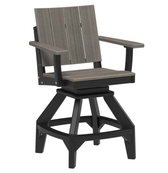 A swivel bar stool with a gray wood-look slatted backrest and seat, paired with a black base and armrests, shown on a plain white background.