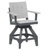 A gray outdoor swivel bar chair with a slatted backrest, armrests, and a four-star pedestal base, shown on a plain white background.
