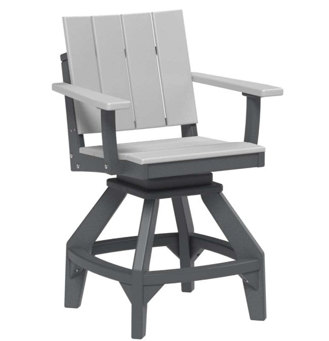 A gray outdoor swivel bar chair with a slatted backrest, armrests, and a four-star pedestal base, shown on a plain white background.