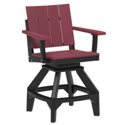 A swivel bar chair with a black frame and burgundy-red slatted backrest and seat, shown on a plain white background.