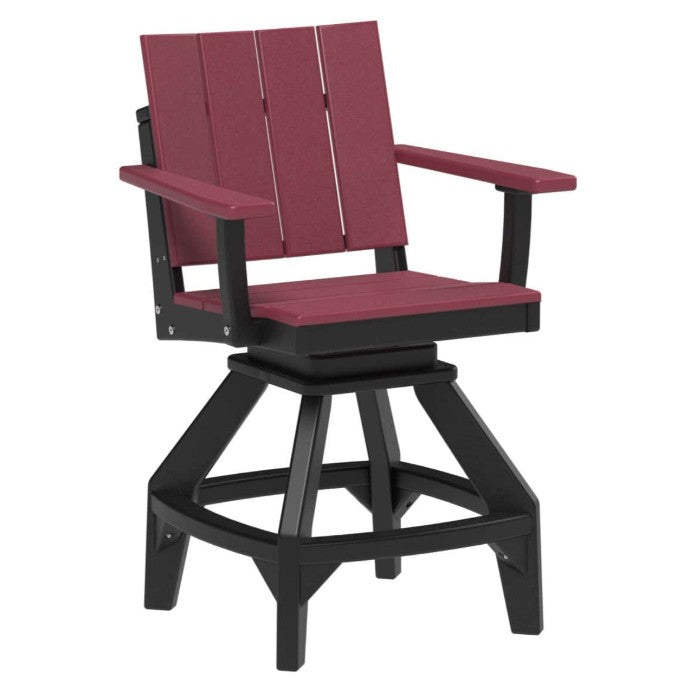 A swivel bar chair with a black frame and burgundy-red slatted backrest and seat, shown on a plain white background.