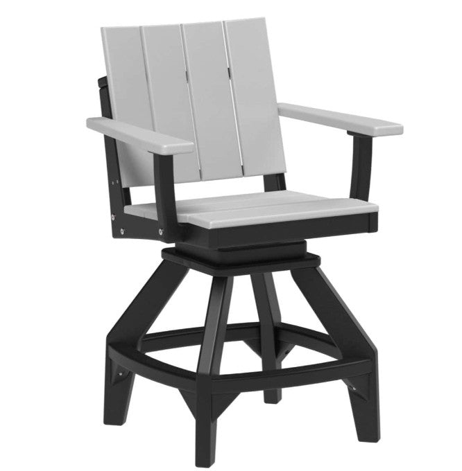 A swivel bar stool with a black frame and light gray slatted backrest and seat, shown on a plain white background.