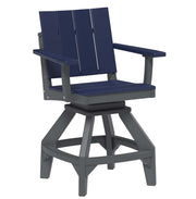 A swivel bar stool with a navy blue slatted backrest and seat, paired with a dark gray base and armrests, shown against a plain white background.