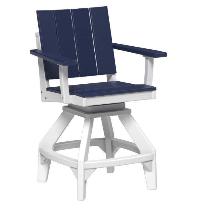 A swivel bar stool with a white frame and navy blue seat, backrest, and armrests, shown on a plain white background.