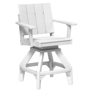 White outdoor swivel bar stool with a slatted backrest and armrests, shown on a plain white background.
