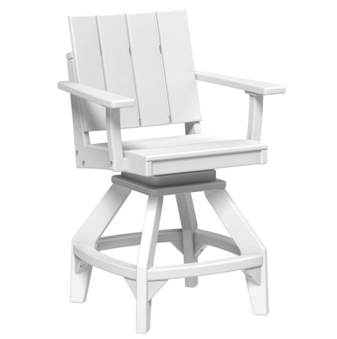 White outdoor swivel bar stool with a slatted backrest and armrests, shown on a plain white background.