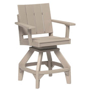 A light beige outdoor swivel bar chair with a slatted backrest, armrests, and a four-star base, shown on a solid white background.