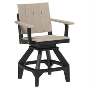 A swivel bar stool with a black frame and light beige seat and backrest panels, shown on a plain white background.