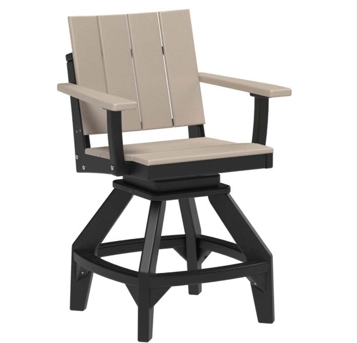 A swivel bar stool with a black frame and light beige seat and backrest panels, shown on a plain white background.