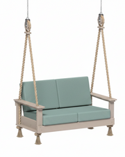 Two-seater outdoor swing with light blue cushions on a white background