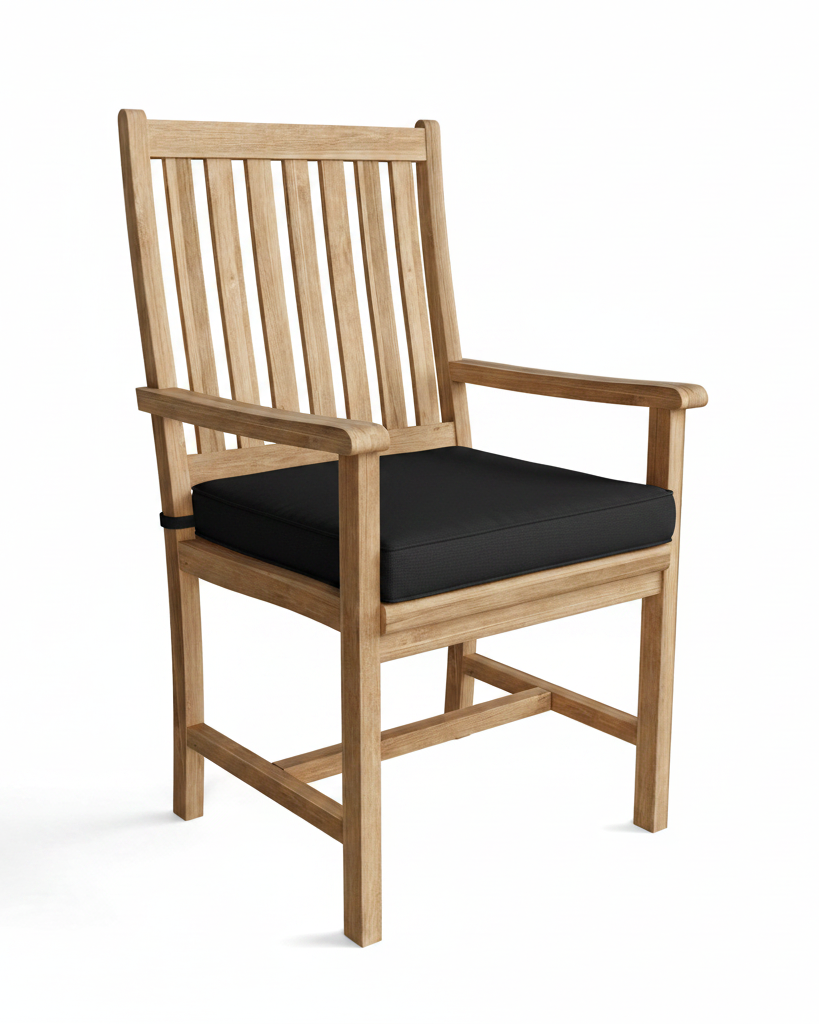 Wooden chair with black cushion on a white background