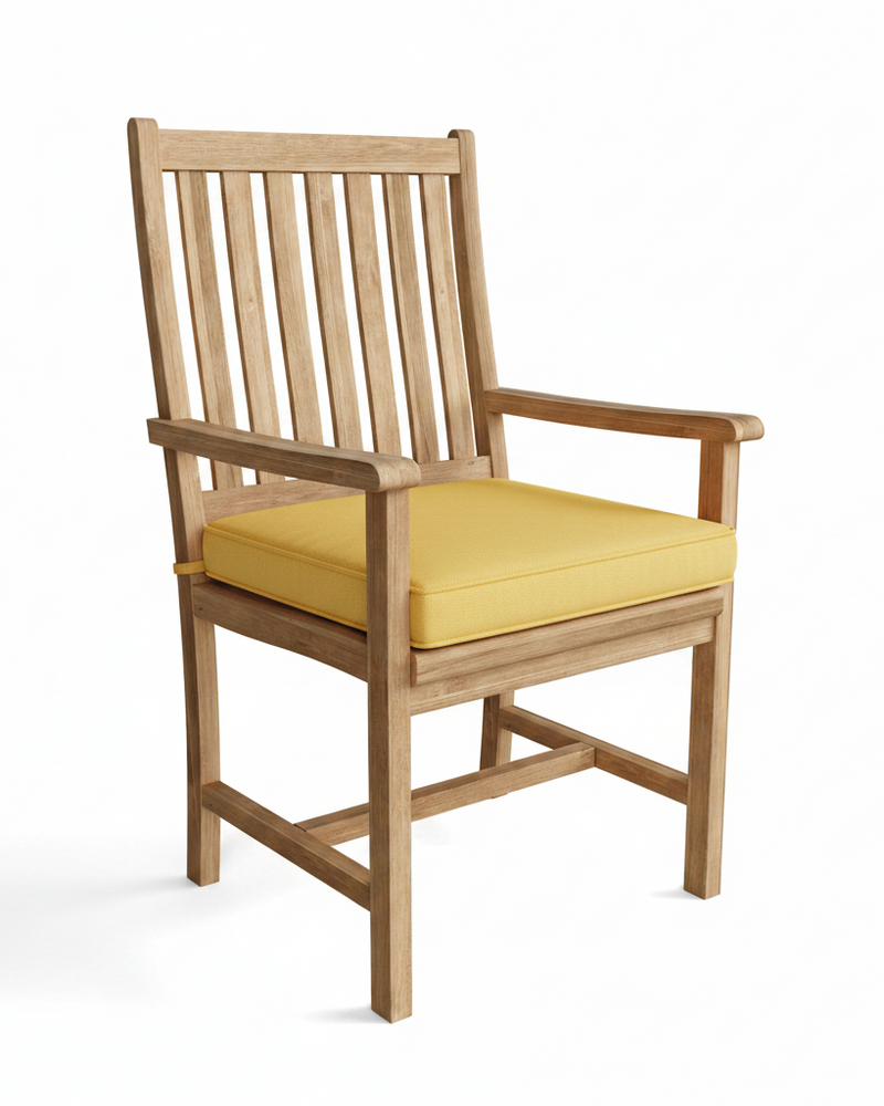 Wooden chair with yellow cushion on a white background