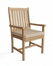 Wooden chair with beige cushion on a white background