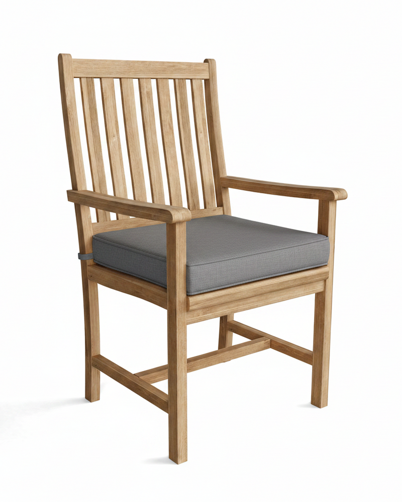 Wooden chair with a gray cushion on a white background