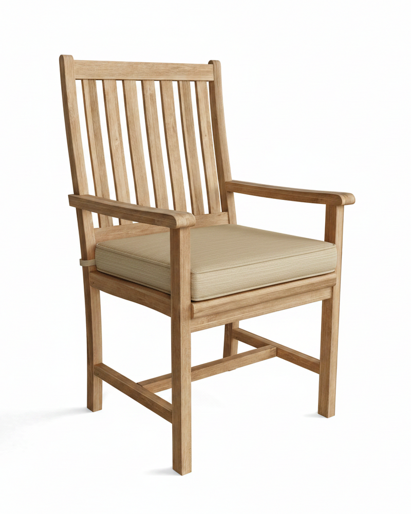 Wooden chair with beige cushion on a white background
