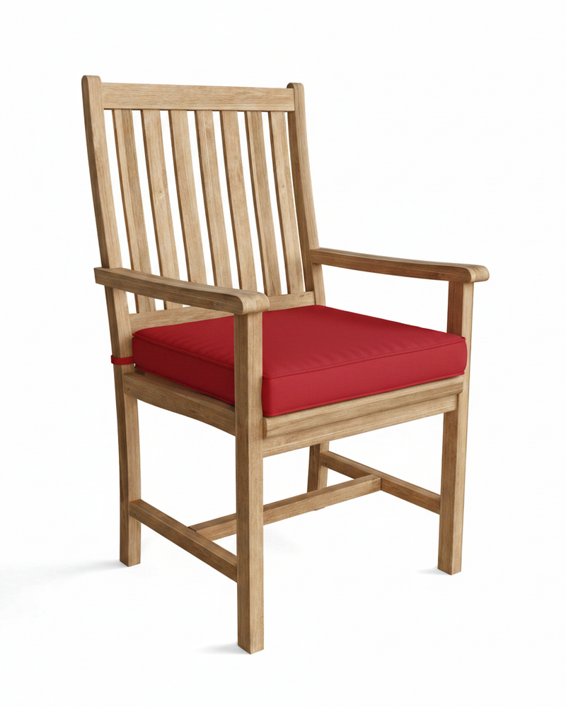 Wooden chair with a red cushion on a white background