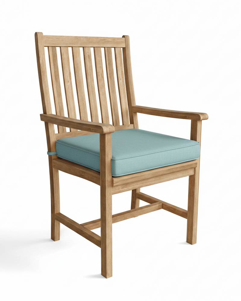Wooden chair with a light blue cushion on a white background