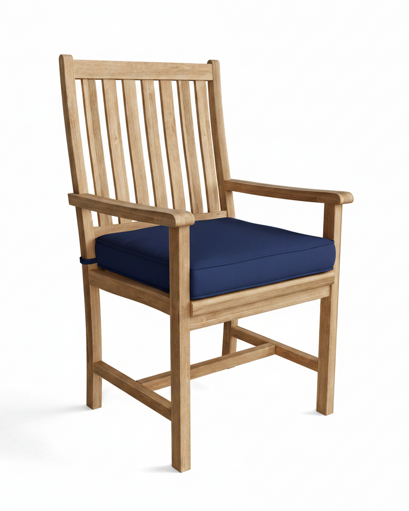 Wooden chair with a blue cushion on a white background