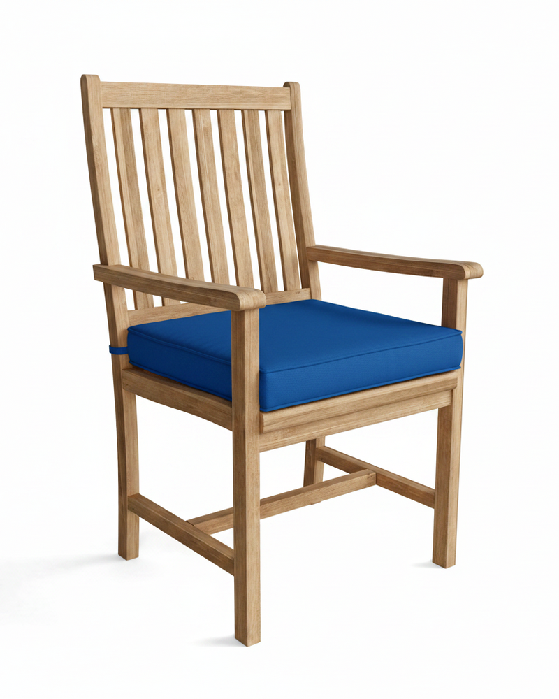 Wooden chair with a blue cushion on a white background