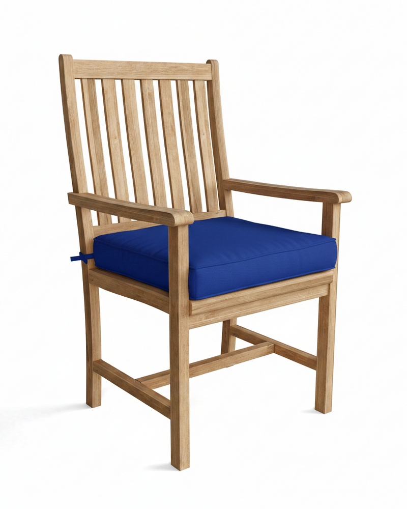 Wooden chair with a blue cushion on a white background